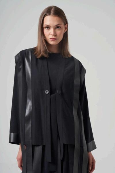 Ceremony Anjelik Önden Bağlamalı Saçaklı Ceket Siyah
