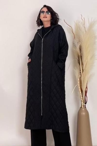 Ceremony Kapüşonu Fermuar Detaylı Baklava Kapitone Kap Siyah