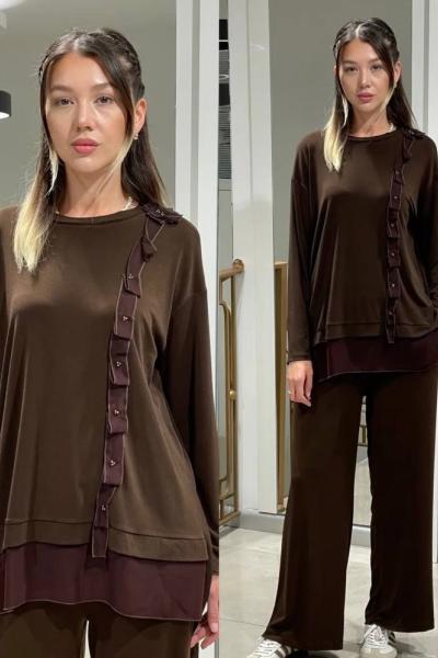 Ceremony Omuzundan Etek Ucuna Şerit Detaylı Örme Krep Takım Kahverengi