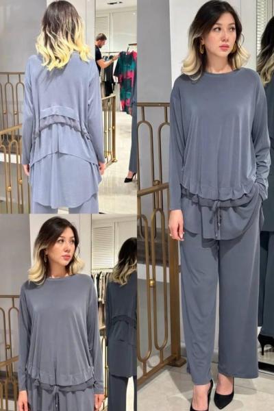 Ceremony Önden Bağlamalı Şifon Garnili Örme Krep Pantalon Takım Gri