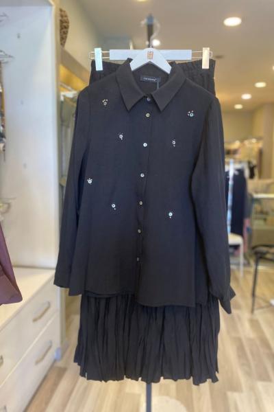 Ceremony Sedef Düğme İşlemeli Kraş Etekli Cupra Takım Siyah