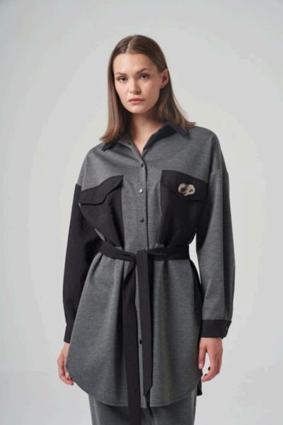 Ceremony 2026 KIŞ Tuniği Önden Çıt Çıtlı Cebi Aksesuar Detaylı Pantolonlu Takım Gri