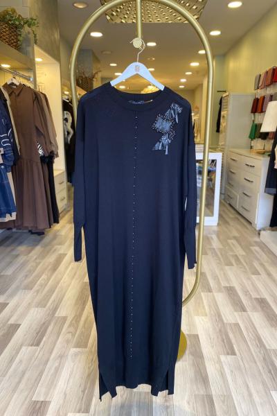 Ceremony Yakası Deri ve Boncuk İşlemeli Soğuk İplik Elbise Siyah