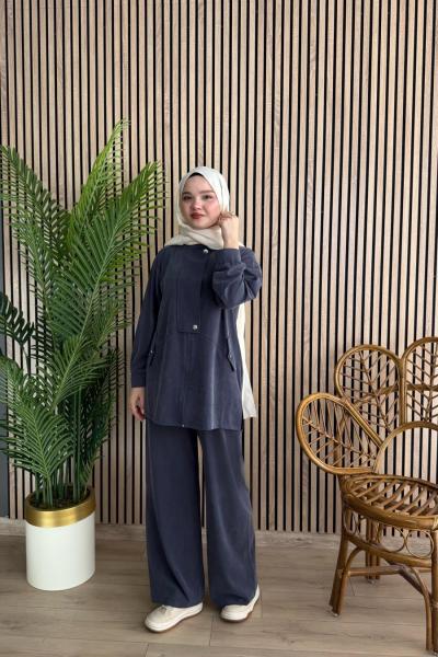 Magazin Balıkçı Yaka Fermuar Kapama Detaylı Takım Lacivert