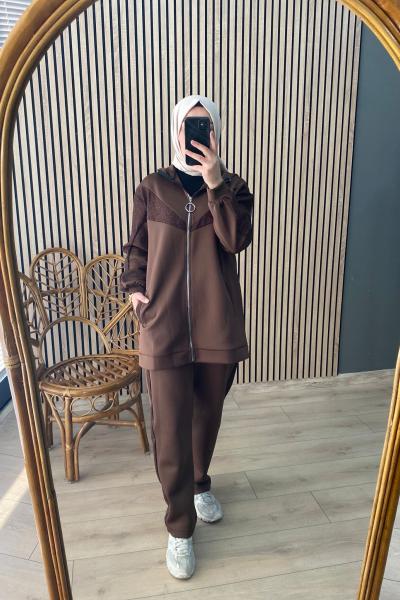 Pilise Sim Triko Detay Takım Kahverengi