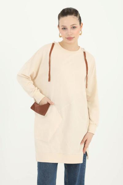 Puane Cep ve Fermuar Detaylı Sweat Shirt Bej