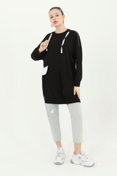 Puane Cep ve Fermuar Detaylı Sweat Shirt Siyah