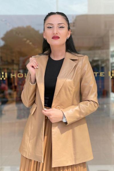 Ceremony Tek Düğmeli Deri Ceket Camel